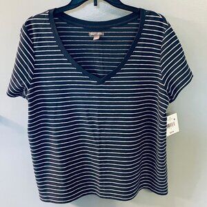 Falls Creek Blue & White Striped Tee V-neck Size Large NWT